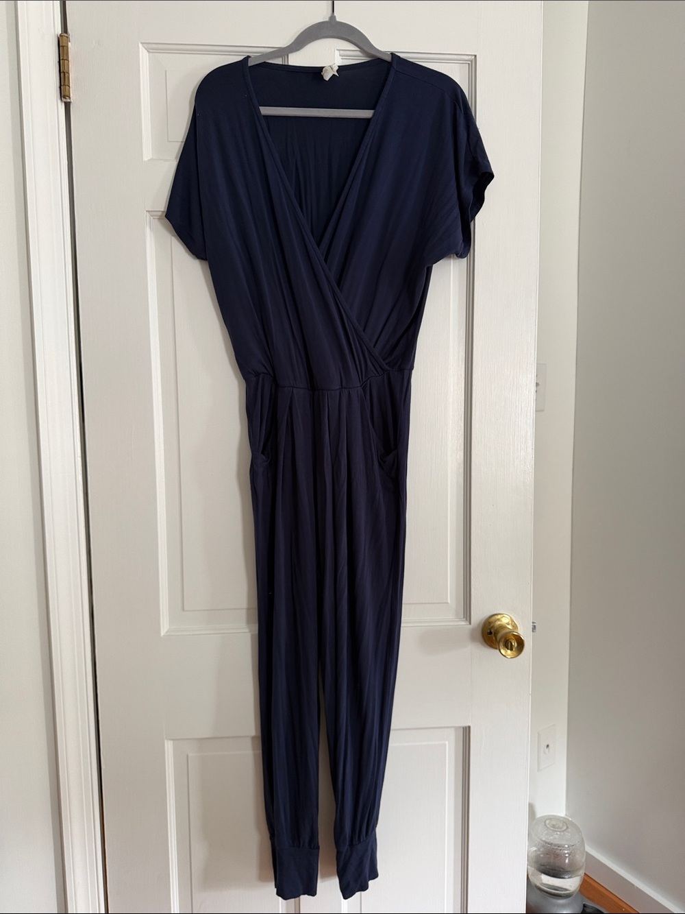 Loveappella Navy Wrap-Front Jumpsuit with Pockets